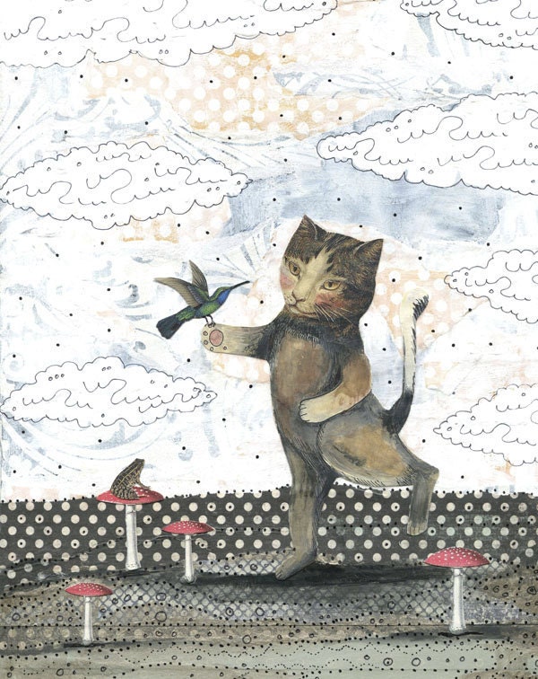 Cat Art Print , Mixed Media Collage Painting Reproduction , Whimsical Painting , 8x10
