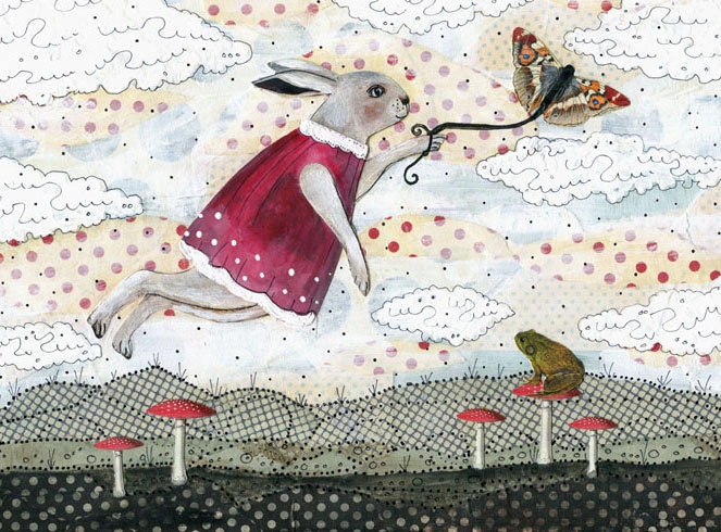 Bunny Rabbit Art Print Mixed Media Collage Art Reproduction , Whimsical Art 8x10