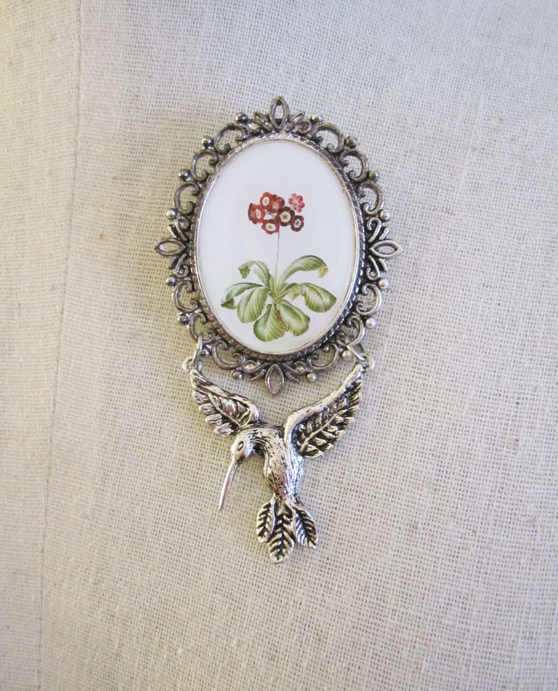 Hummingbird Brooch Pin , Silver Flower Pin ,  Art Jewelry , Mixed Media Jewelry