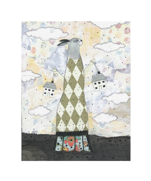 Rabbit Animal Art Print , Collage Painting Reproduction , Whimsical Art , 5x7