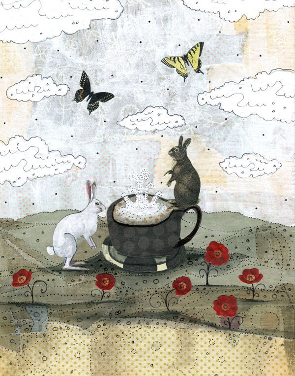 Bunny Rabbit Painting Reproduction , Rabbit Art Print , Whimsical Painting 8x10