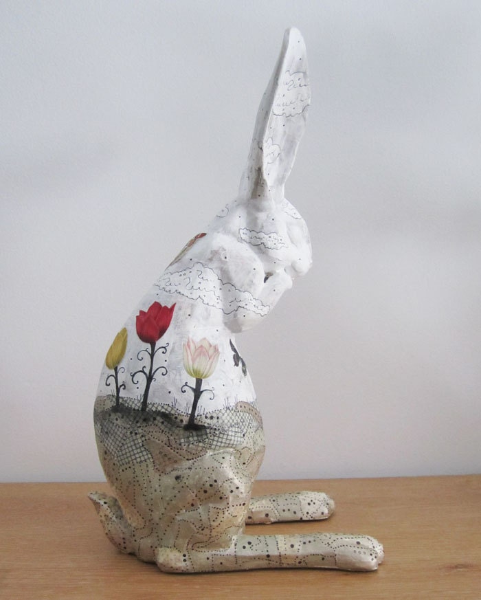 Rabbit Animal Sculpture , Mixed Media Collage Rabbit Figurine , Whimsical Art