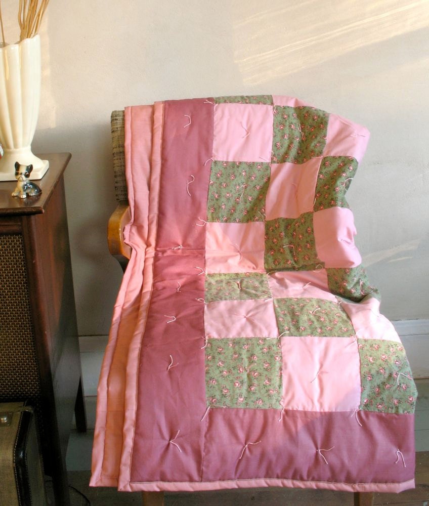 Child Size Vintage Quilt Yarn Tied Simple Patch Style Shades of Pink Sage Green