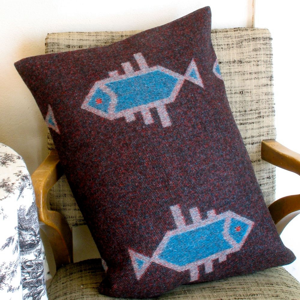 Pendleton Wool Pillow / Fish Design Blue & Dark Purple / Home Decor Pillowcase Only