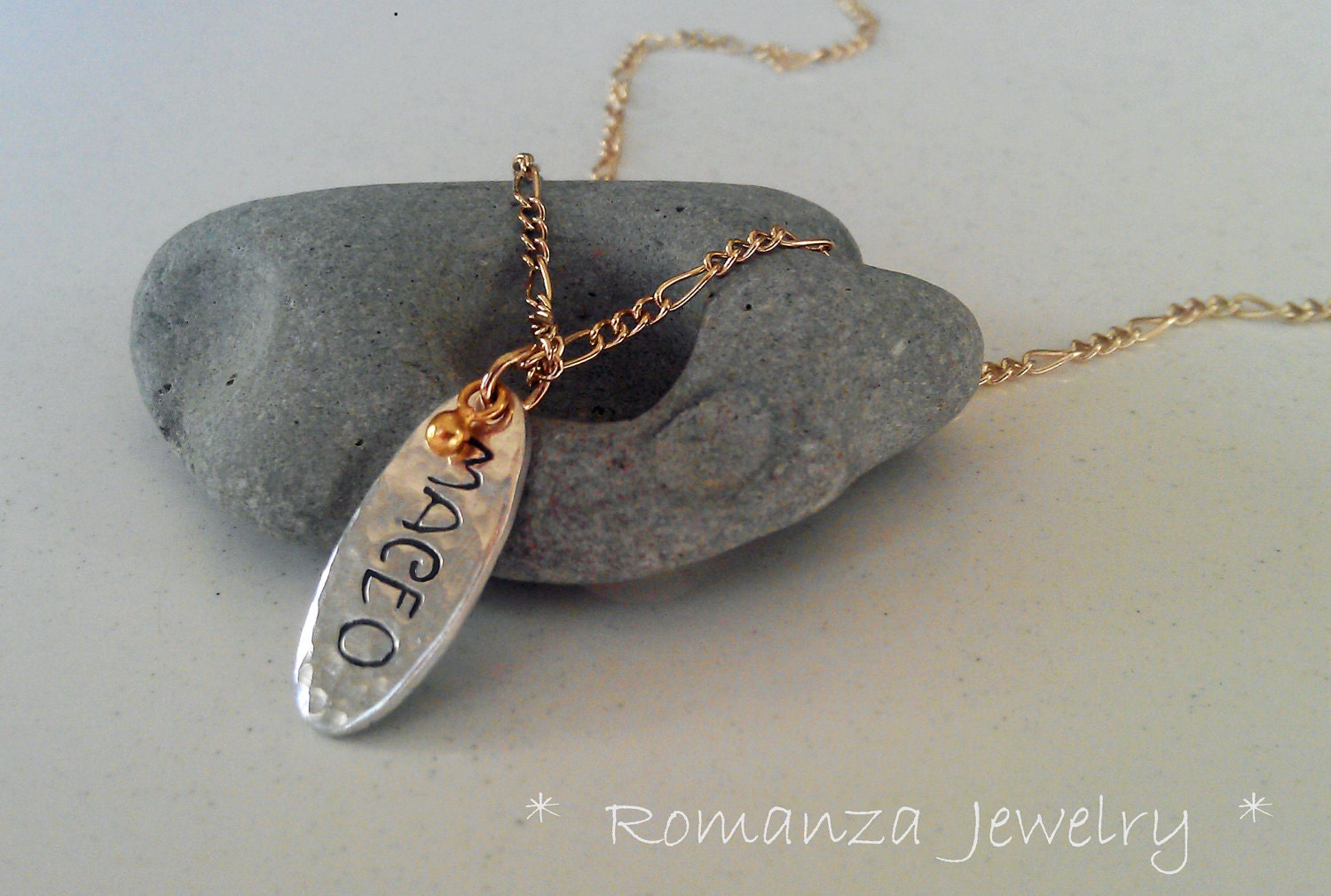 Personalized Oval Shaped Tag with Gold accent and Gold Necklace
