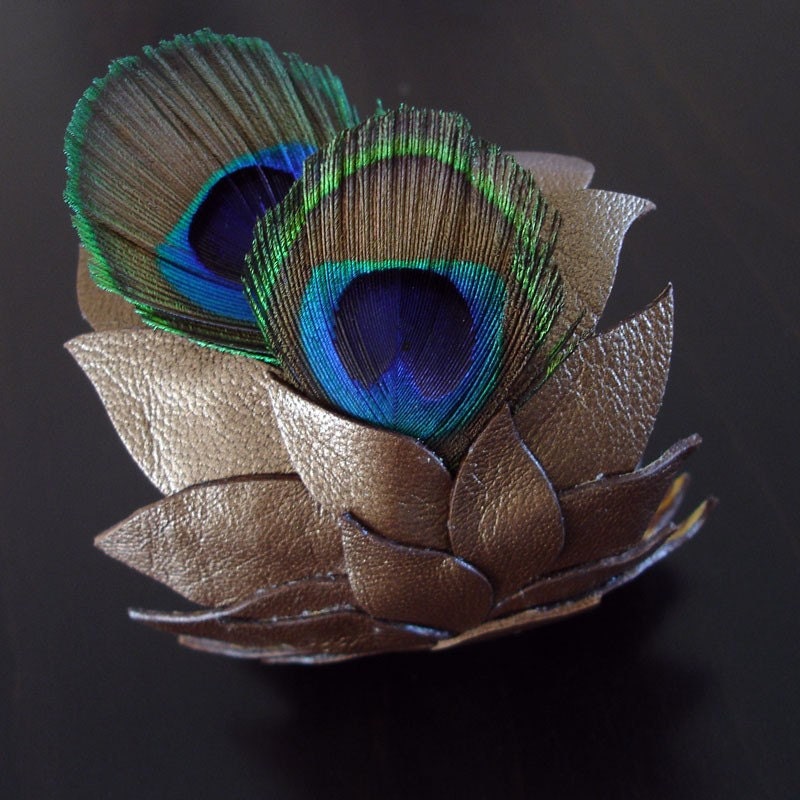 Layered Leather & Peacock Feather Bracelet in bronze pearl finish genuine lamb leather - textured statement  cuff