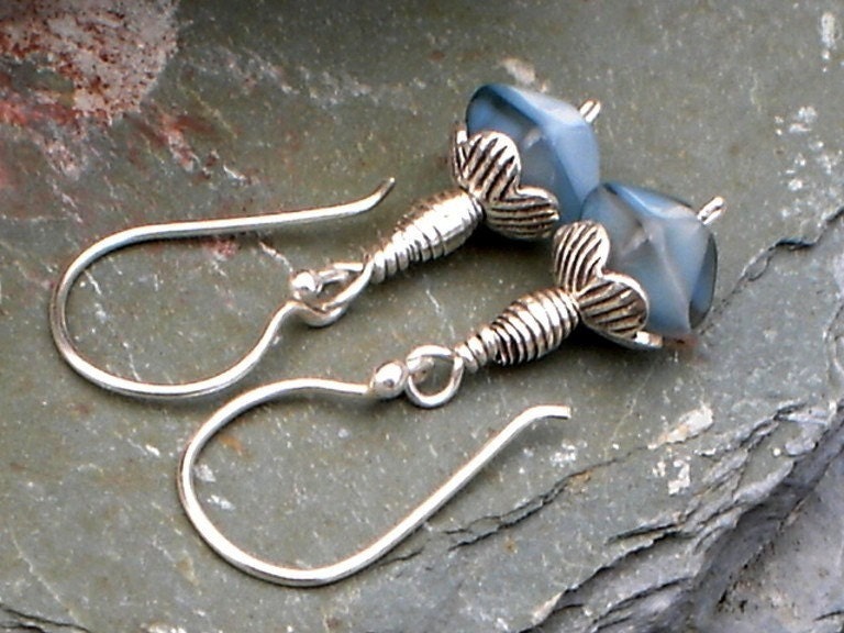 Sky Blue Lampwork Fine Silver Earrings Wire Wrap Dangle