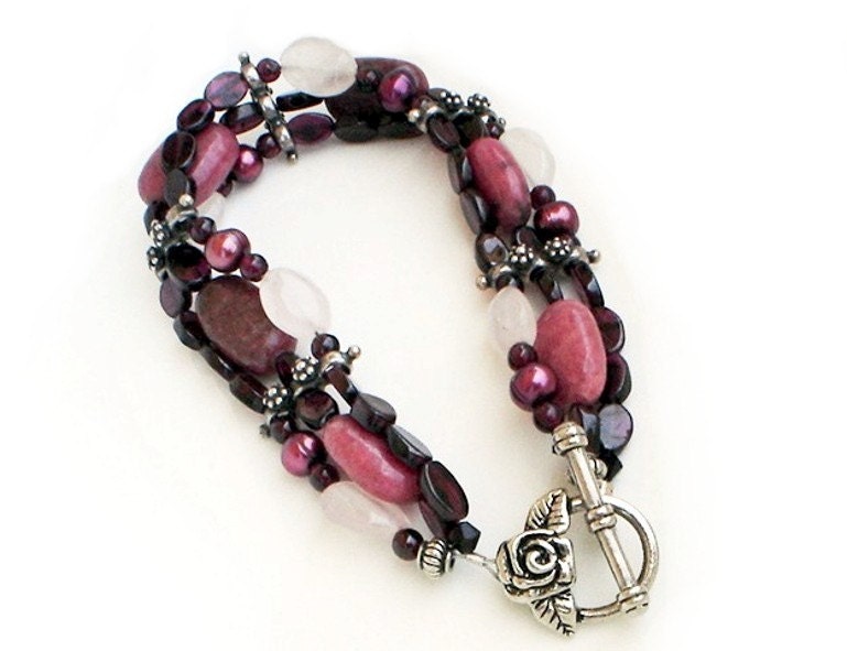 Pink Quartz Garnet Freshwater Pearl Rhodochrosite Bracelet  Bali Sterling Silver Triple Bracelet Valentines Gift
