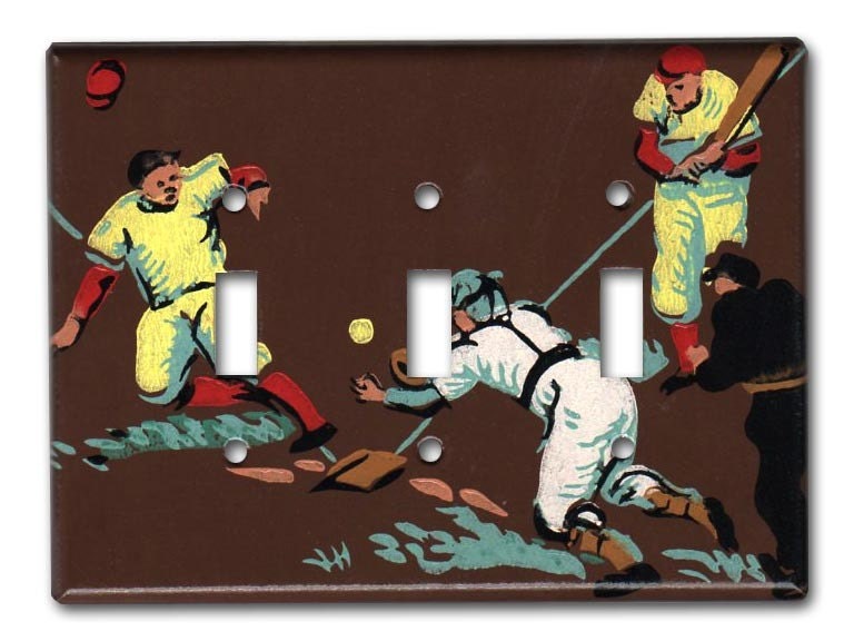 Stealing Home Baseball Classic 1950's Vintage Wallpaper Triple Switch Plate