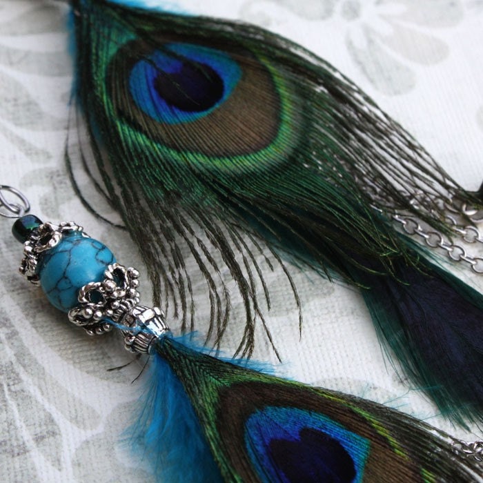 Turquoise Delight Beaded Peacock Feather Earrings