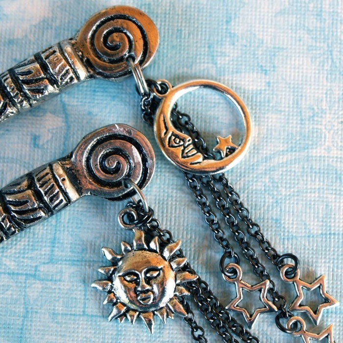 Celestial hairsticks - metal beaded with sun and moon and star charms