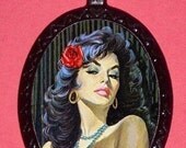 Sixties Sexy pulp PINUP with Rose in her hair Handmade Pendant SHS original Design DIY Necklace Retro Classy and Cool Great GIFT