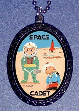 Retro Kitsch Spaceman and Space Monkey SPACE CADET Design Handmade Handcasted Metal Pendant handpainted black and ballchain Necklace
