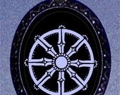 Buddhist Dharma Wheel Buddhism Handcrafted Handcasted Metal Pendant Handpainted Black with silvertone ballchain necklace