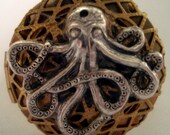 Victorian Steampunk Golden Octopus Brass Locket Hidden Pewter Mermaid Ring