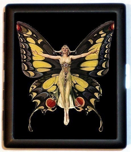 Classic Beautiful ART DECO Flapper Butterfly Woman Vintage Advertising Black metal Cigarette Case or Business Card Holder