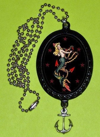 Sailor Gal Mermaid with Anchor Handcrafted Handcasted Metal Pendant Handpainted Black and assembled by myself  with a ballchain necklace and hanging pewter charm