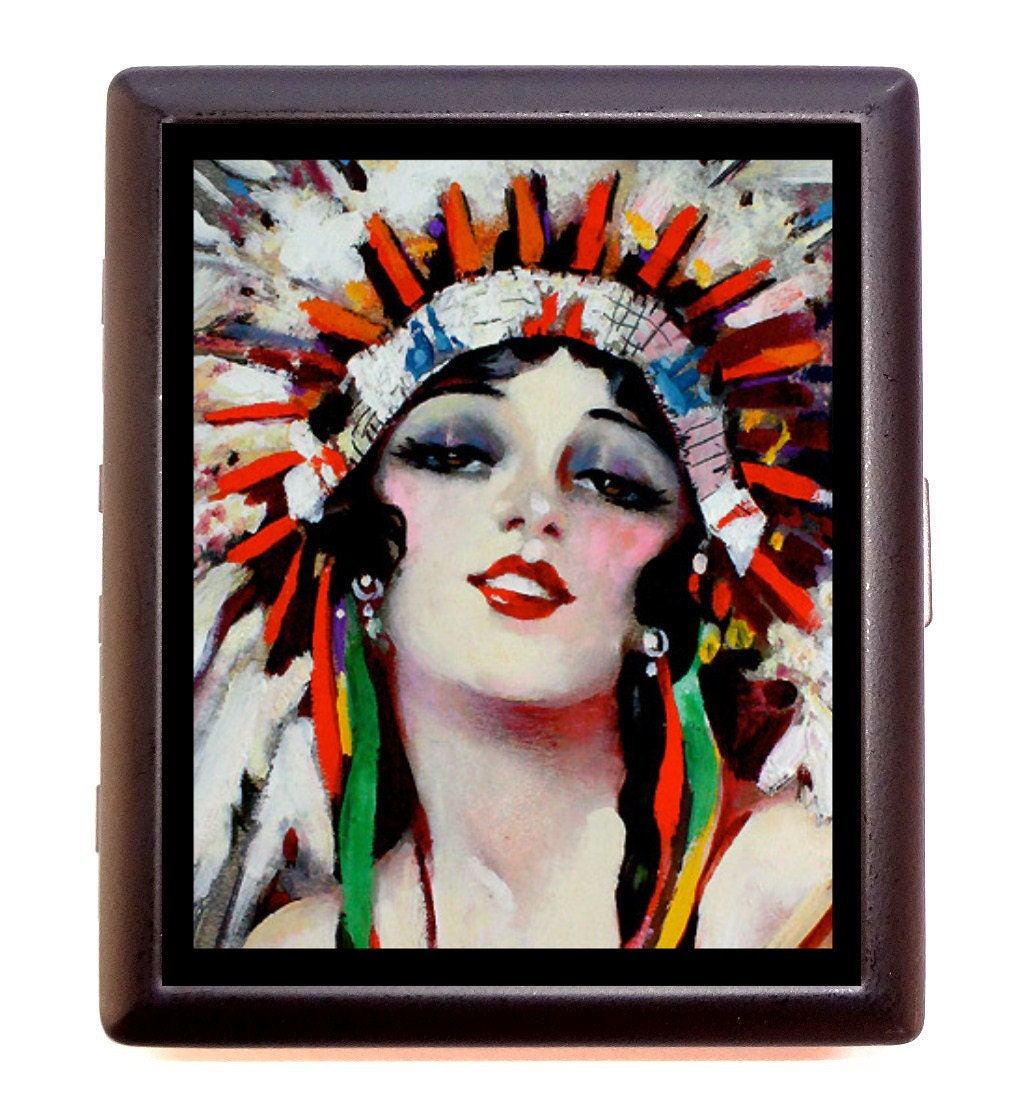 Flapper Art Deco Art Nouveau Indian Maiden Headdress Native American Cigarette or Business Card Case or Metal ID wallet