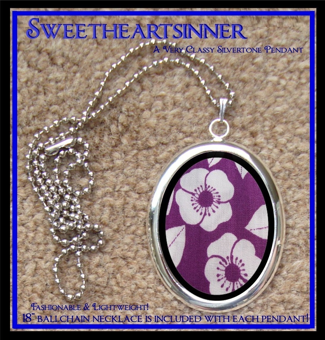DIVINE BLISS DESIGNS - Silver Tone Pendant With Chain - White Flowers on Purple