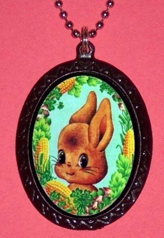 Kawaii Super Cute Glam Rabbit Handmade Handcasted Metal Pendant handpainted black and ballchain Necklace