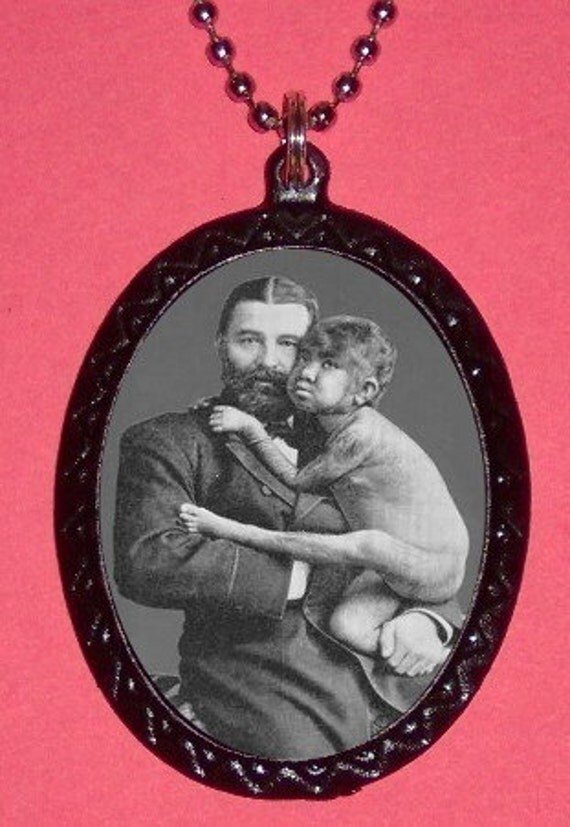 Sideshow Necklace Gentleman and Wolf Child Banner Art Weird Surreal Vintage Circus Style
