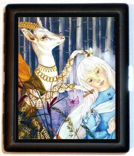 Fairy Tale Illustration Whimsical Kawaii Little Girl Surreal with Big Ram Cigarette Id Case Business Card Holder Wallet