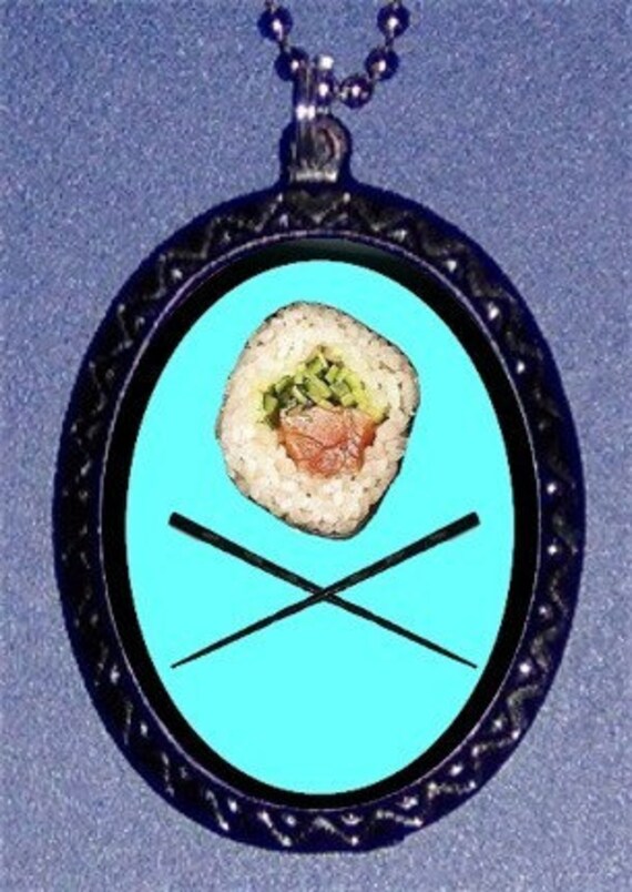 Princess Loves Her Sushi and Crossbones Chopsticks DIY Handmade Handcasted Metal Pendant handpainted black and ballchain Necklace