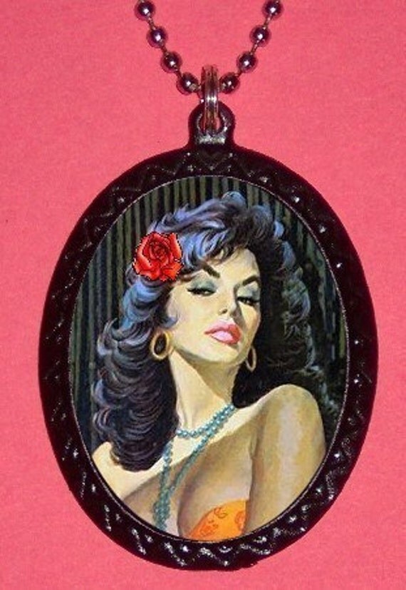 Sixties Sexy pulp PINUP with Rose in her hair Handmade Pendant SHS original Design DIY Necklace Retro Classy and Cool Great GIFT