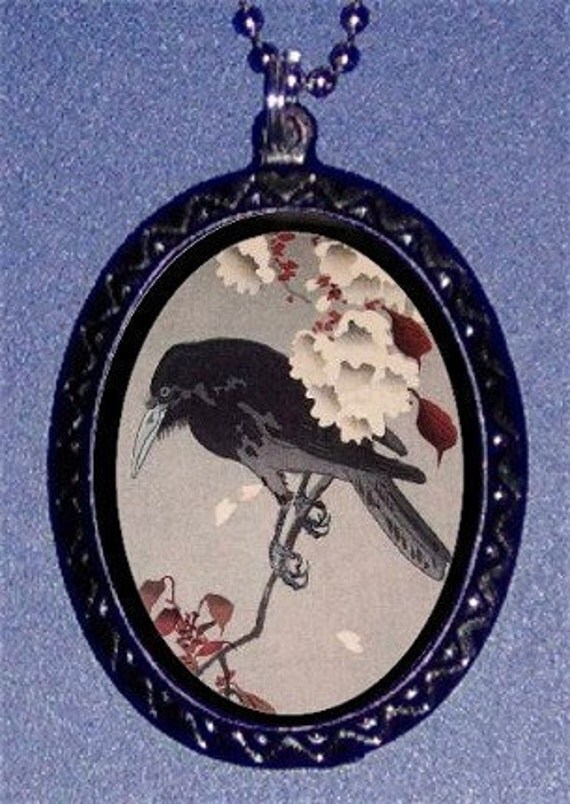 Japanese Crow with Cherry Blossoms Woodblock Raven Spooky Gothic Goth Handcasted DIY Necklace