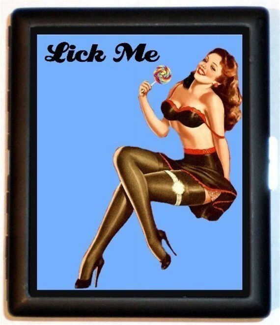 Pinup Pin up Rockabilly Gal Licking Lollipop Lick Me Parody Spoof Double Entendre Black Metal Cigarette or ID or Business or ID Case Wallet