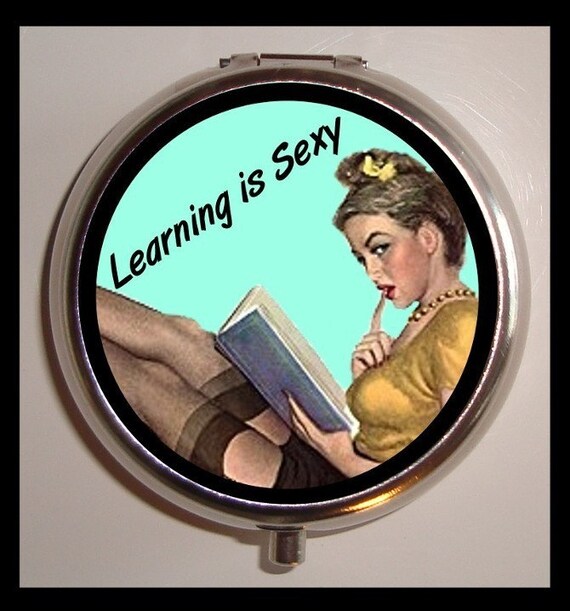 Learning is Sexy Geek Love Nerd Sexy Women Pinup Retro Kitsch Design Sweetheartsinner Stainless Steel Pill Box Case-Holds Pills, Vitamins, Guitar Pics, and mor