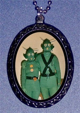 WEIRD KITSCH 1970's Green Alien Couple in Costumes Pop Art Design Handmade Handcasted Metal Pendant handpainted black and ballchain Necklace