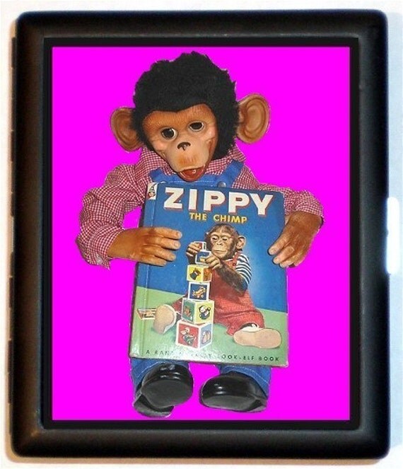 Monkey Chimpanzee Retro 1950 Icon Weird Strange and Adorable Cute Super Kawaii Black Metal Cigarette of ID card or Wallet