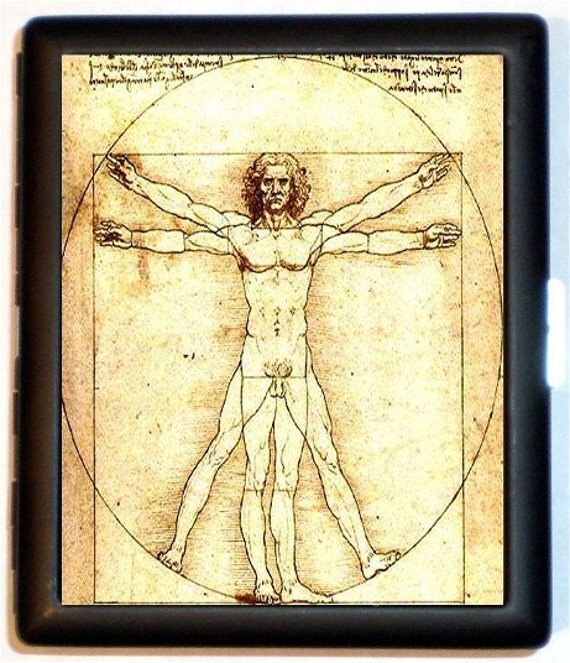 Leonardo Da Vinci Vitruvian Man ART Classic Cigarette or Wallet or ID credit card case black metal SHS