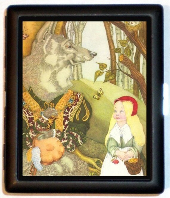 Fairy Tale Illustration Whimsical Kawaii Surreal Little Red Riding Hood Cigarette Case Business Card Holder Wallet