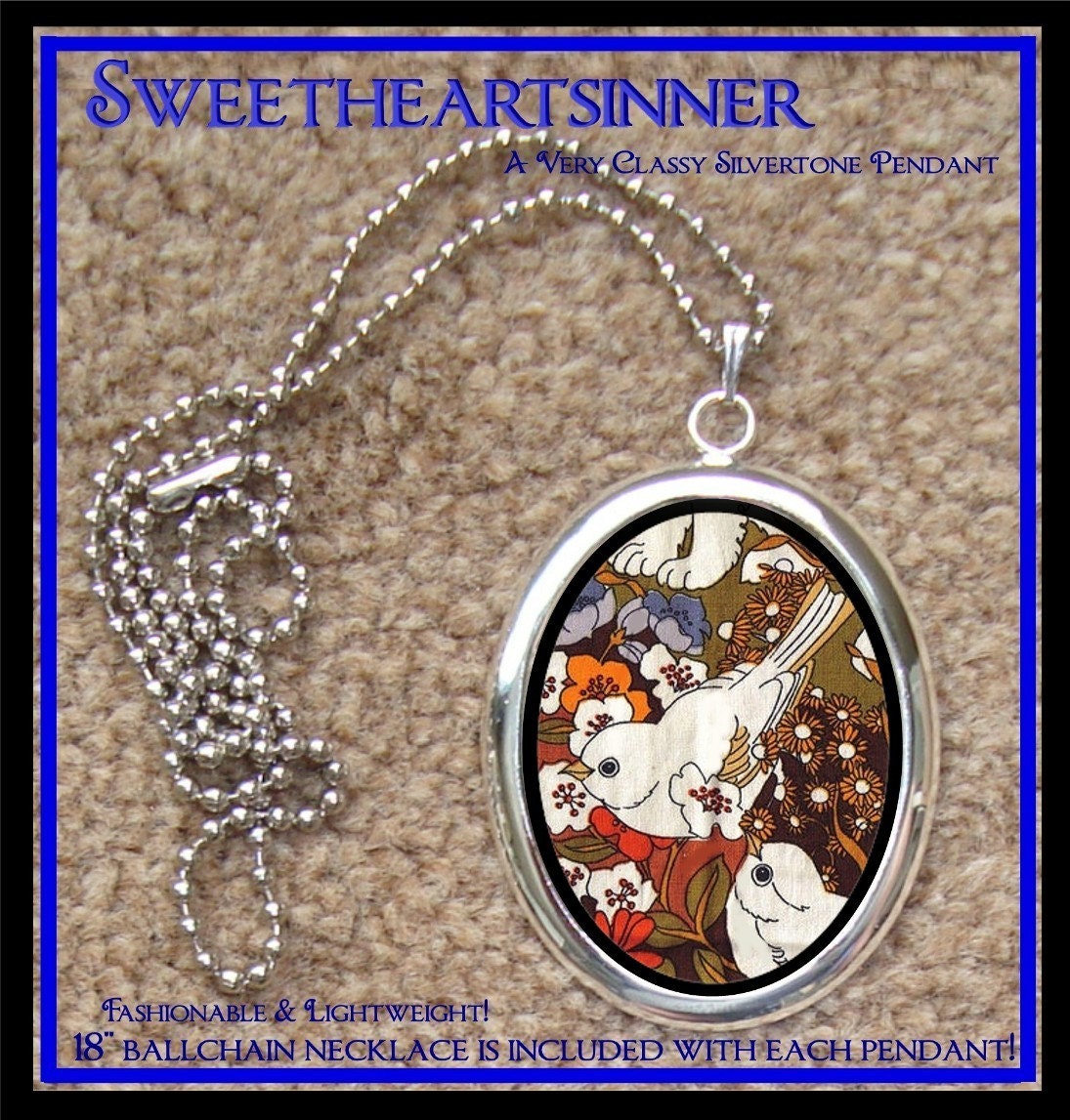 DIVINE BLISS DESIGNS - Silver Tone Pendant With Chain - 70s Birds and Kitsch Woodland Creatures