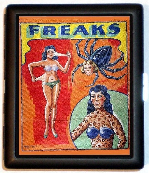 Freaks Sideshow Banner Leopard Woman Elastic Skin Woman and Spider Woman Cigarette Case Business Card Holder Wallet