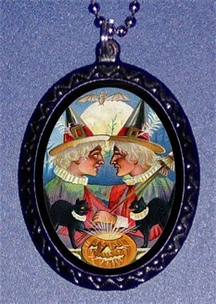 Retro Halloween Occult Witch Wicca Black cat Pumpkin Bat Handcasted Pendant Necklace