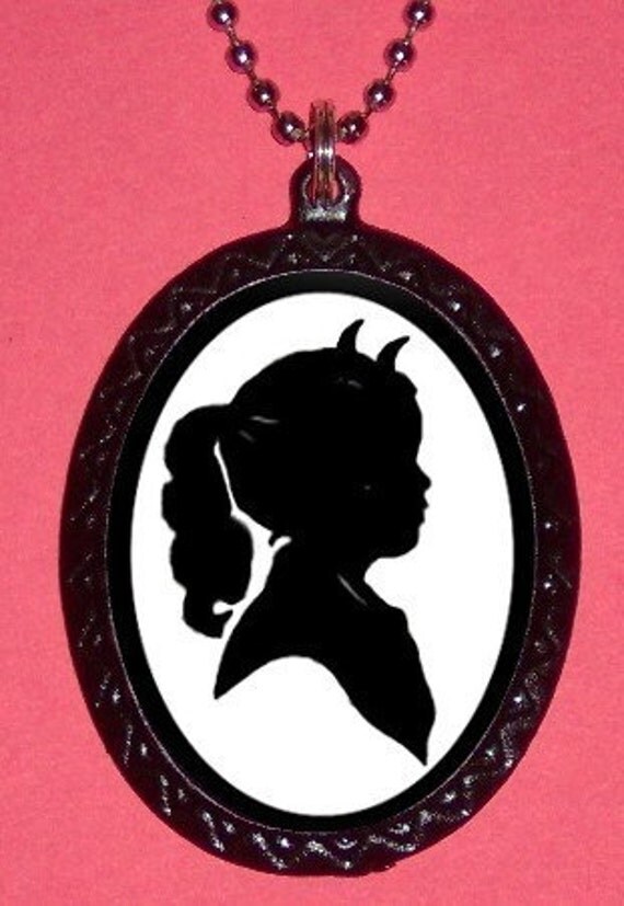 Little Girl Silhouette Portrait with Devil Horn Twist Bad Girl Naughty Cute Pendant Necklace