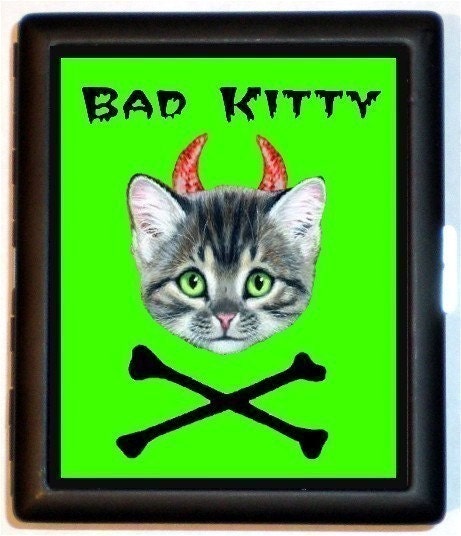 Bad Kitty Kitten Cat with Devil Horns and Skull Crossbones Super Kitsch Kawaii Cigarette Id Case Business Card Holder