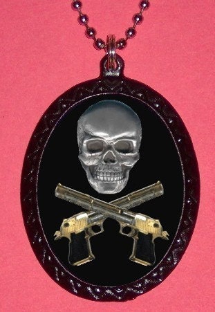 Silver Skull and Crossed Guns Crossbones Design on a Handmade Handcasted Metal Pendant handpainted black and ballchain Necklace