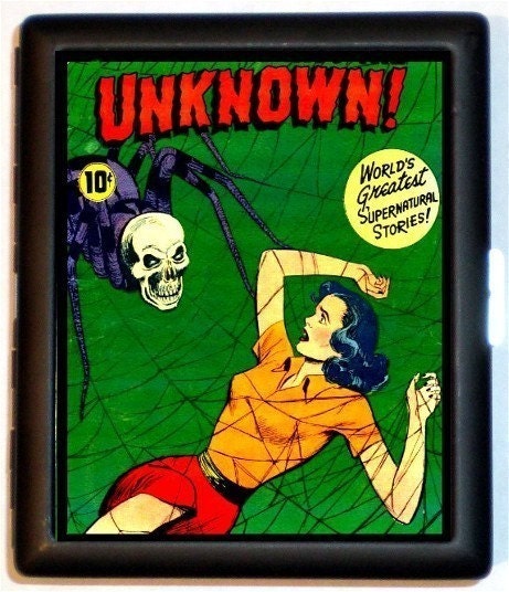 Unknown Fifties Comic Kitsch Giant Spider with Pinup scared Woman in web Design Cigarette Case or Wallet