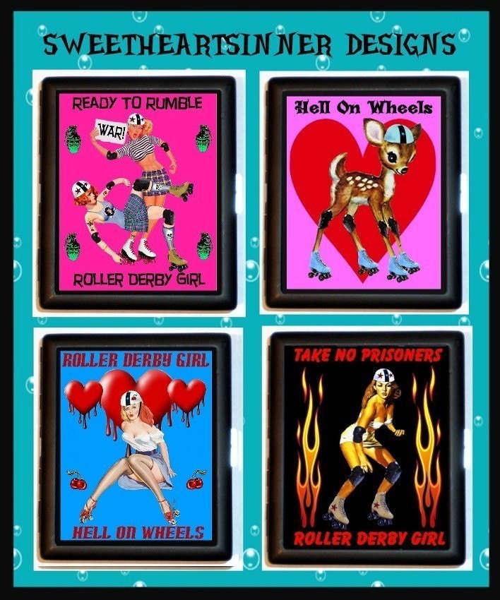 Roller Derby Skater Girl Pinup Holding Skull in a Roller Rink Punk Rock Kickass Attitude Skating Black Metal Cigarette of ID card or Wallet or Ipod Nano and Earbuds Holder Case