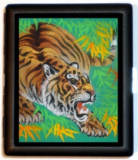 Rowdy Snarling Tiger Black Metal Cigarette or ID card or Wallet or Ipod Nano and Earbuds Holder Case