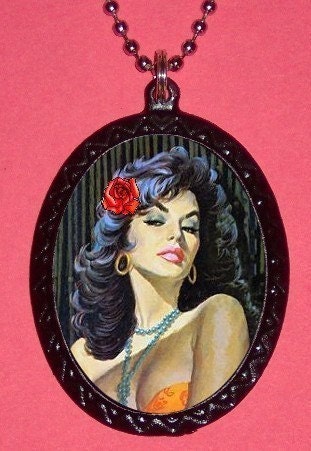 Sixties Sexy pulp PINUP with Rose in her hair Handmade Pendant SHS original Design DIY Necklace Retro Classy and Cool Great GIFT