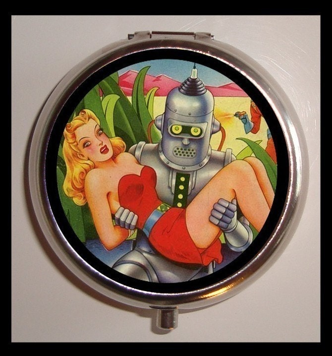 Comic Pinup Pin Up Sci Fi with Robot Rockabilly Pillbox Pill Box Case Holder for Vitamins Pills