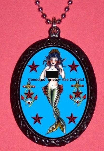 Cute Girlie Mermaid Stars Tattoo Cute Old School Sailor Jerry Type Sexy Gal Handmade DIY Metal Pendant and 18 inch Necklace