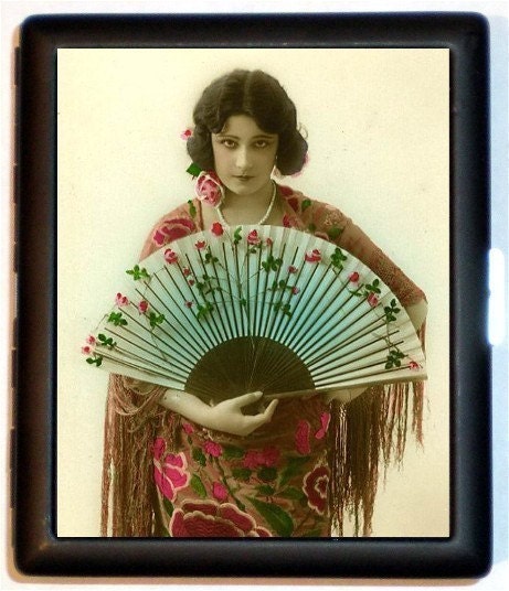 Spanish Senorita Art Nouveau Woman with Fan Matador Cigarette ID Case Business Card Holder Wallet