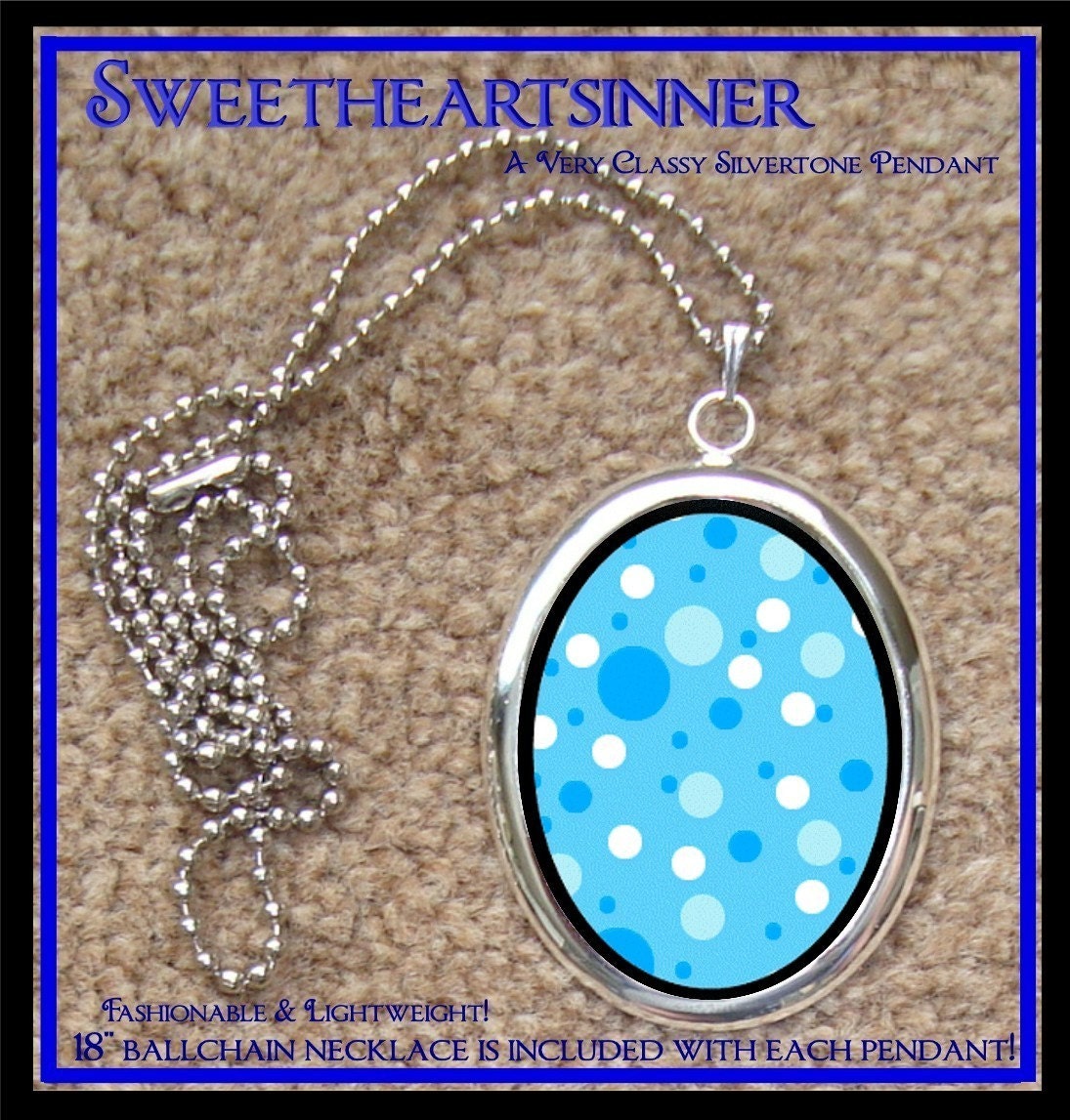 DIVINE BLISS DESIGNS - Silver Tone Pendant With Chain - Abstract Atomic Blue and White Circles