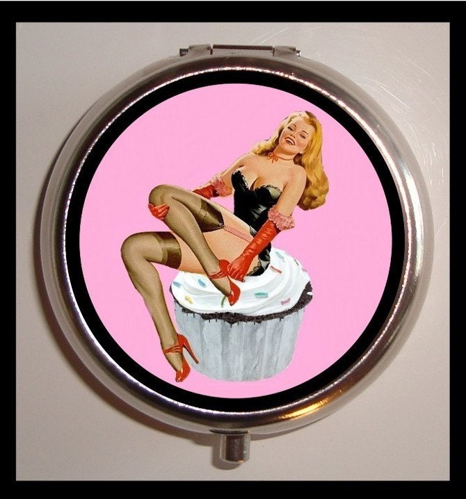 Cupcake Cutie Pie Pinup Sexy Rockabilly Pill box Pillbox Case Holder for Vitamins Drugs Birth Control